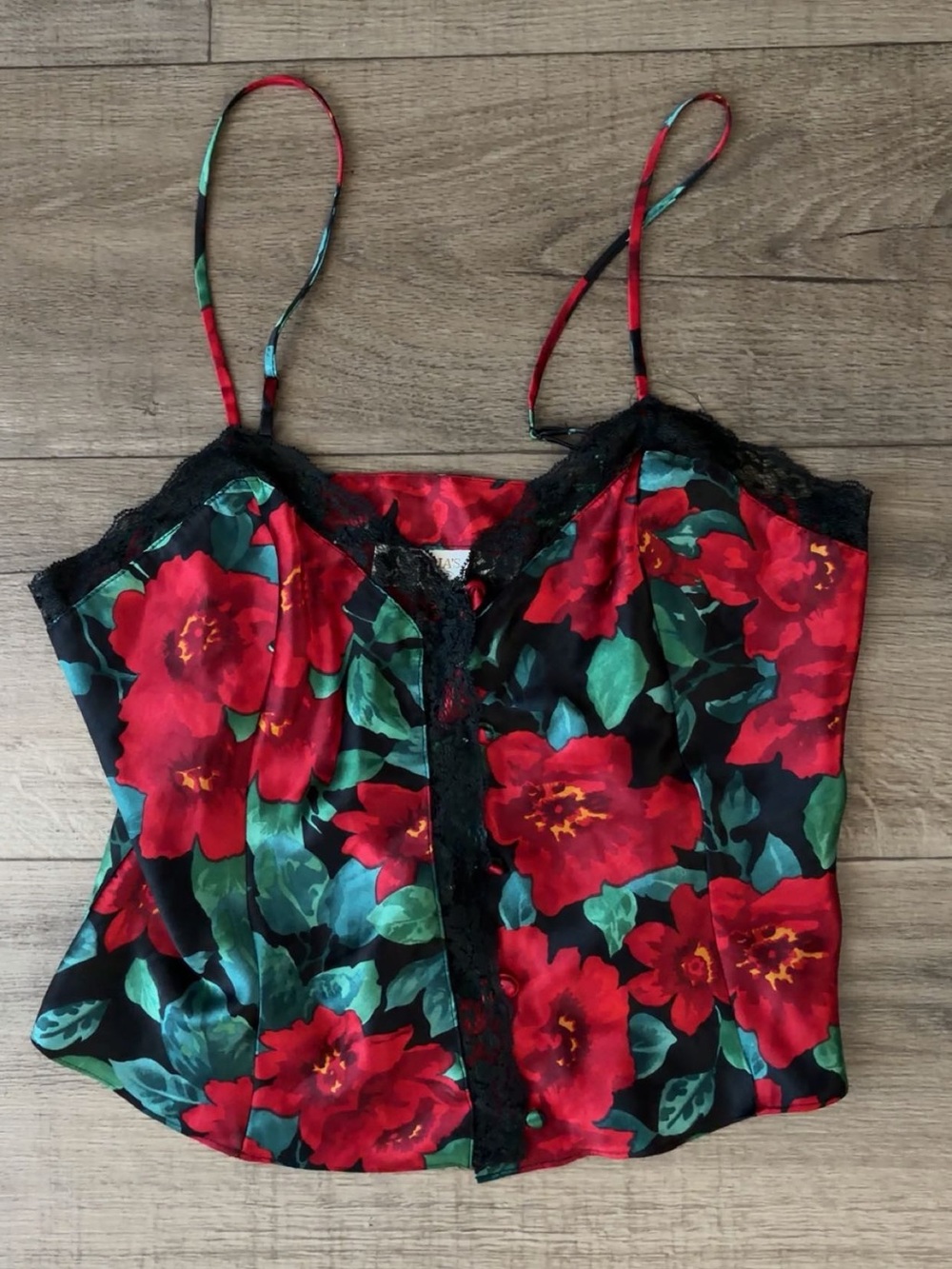 Vintage Victorias Secret: Gold Label  Floral Satin Camisole with Lace Trim - M